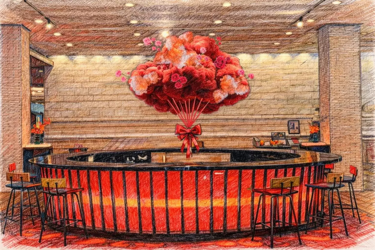 バーカウンターを描いた絵。赤い装飾が施されたカウンターに、花束が飾られている。周りには椅子が配置され、照明が明るく照らしている。
