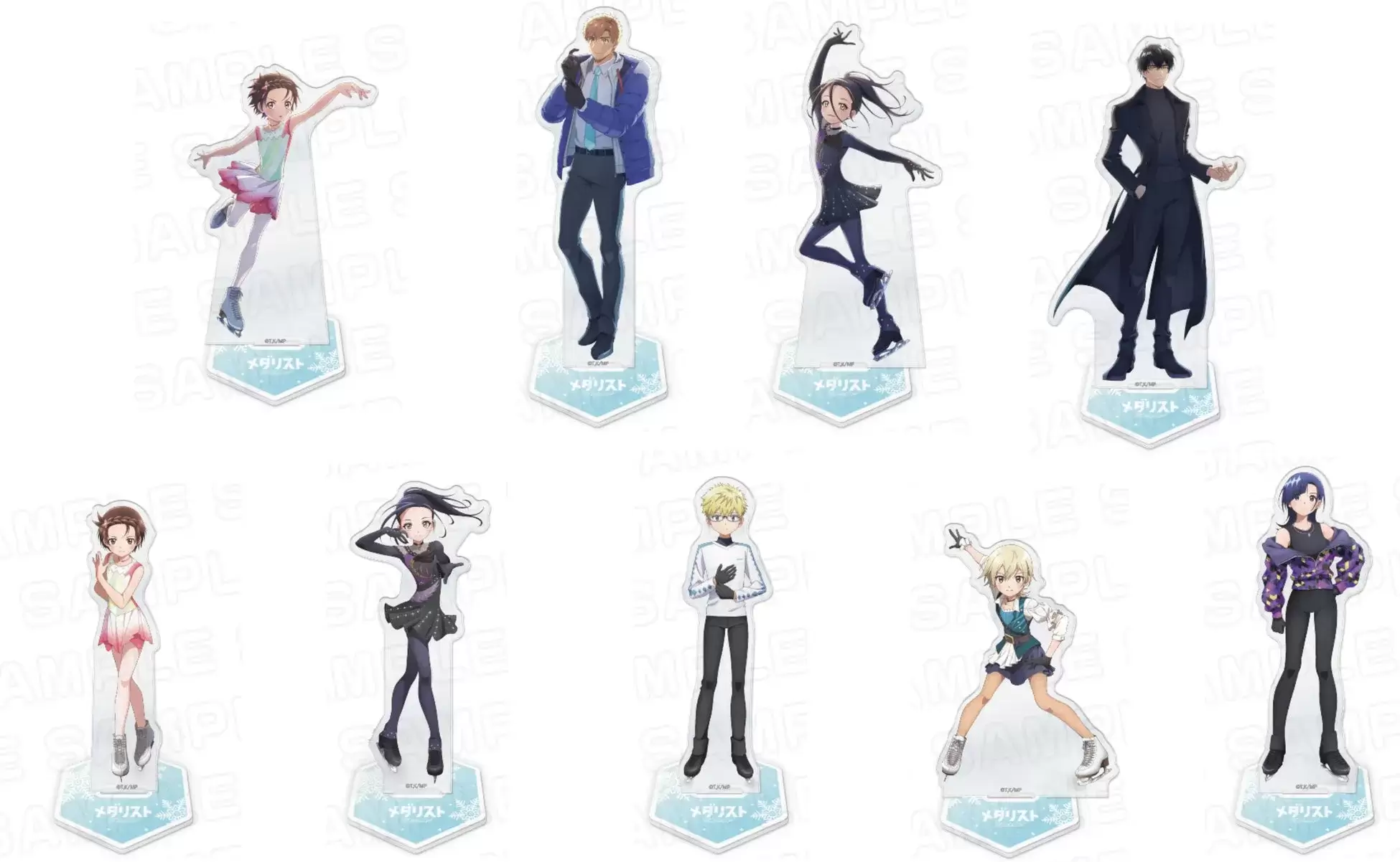 フィギュアの画像。氷上のキャラクターが描かれており、様々なポーズをとっています。