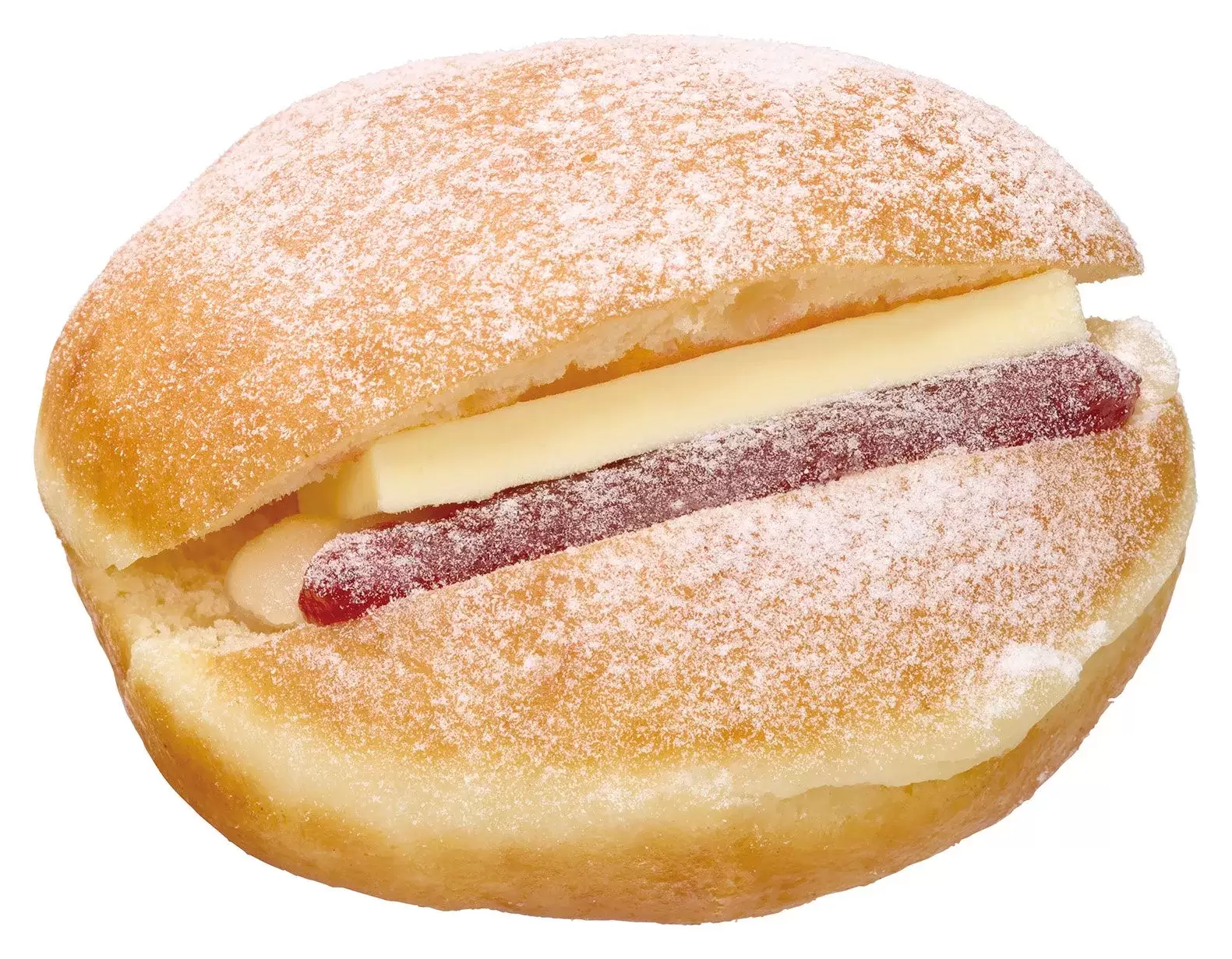 ドーナツの中にバターとジャムが挟まれた食べ物の写真です。