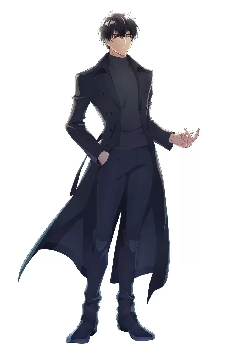 黒いコートとパンツを着た男性のアニメイラスト