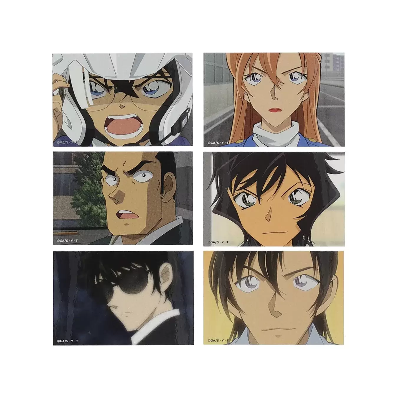 名探偵コナンの登場人物の顔が描かれた画像です。6つの異なるキャラクターのクローズアップが示されています。