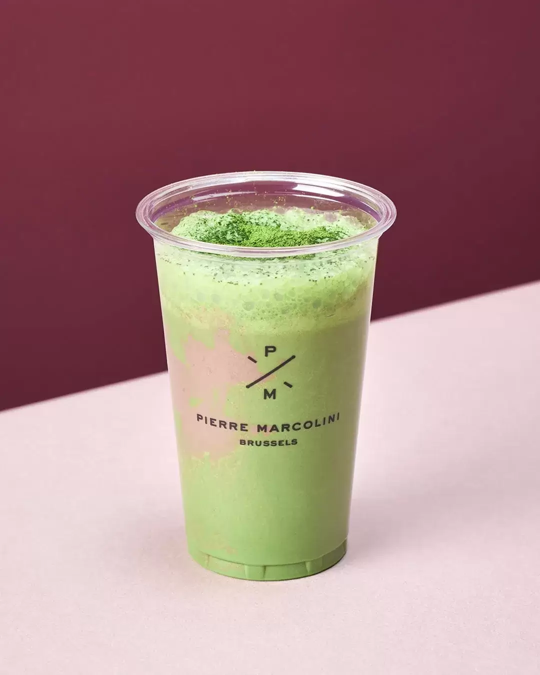 抹茶スムージー, 飲み物, 抹茶, ドリンク, カップ, 透明, プラスチック, ロゴ, ピエールマルコリーニ, ブルッセル